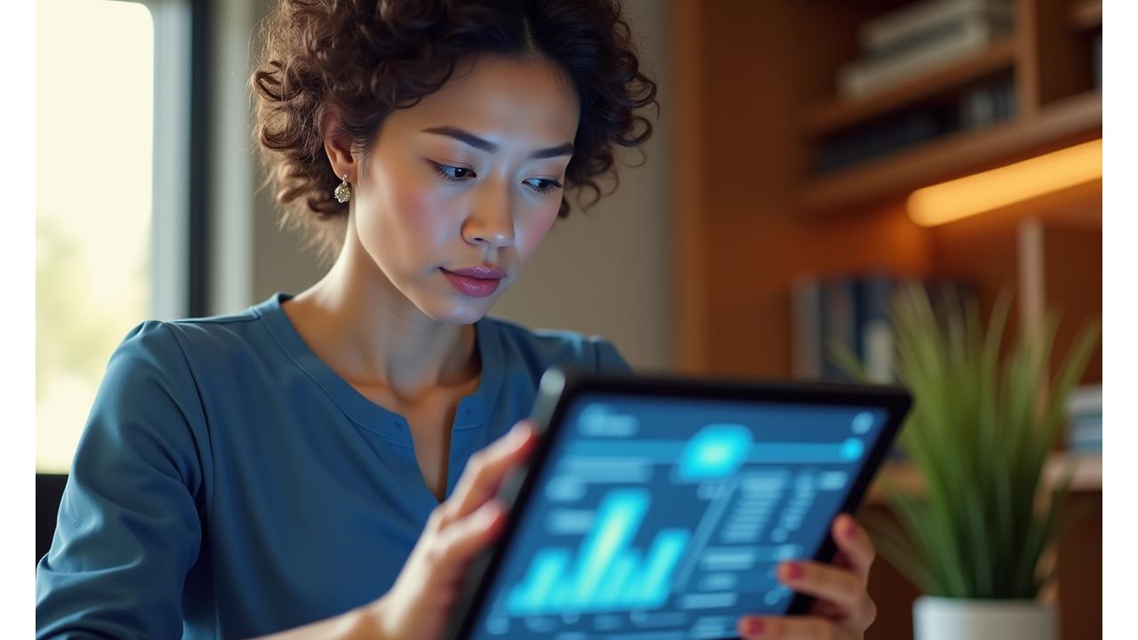 Dr. Eleanor Vance, a woman in her 40s, thoughtfully looking at a tablet displaying wellness data, soft natural light.