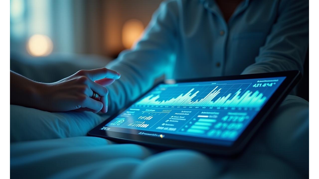 Sleek, futuristic interface displaying health metrics and personalized recommendations on a tablet, integrated with a human hand hovering over it, symbolizing control.