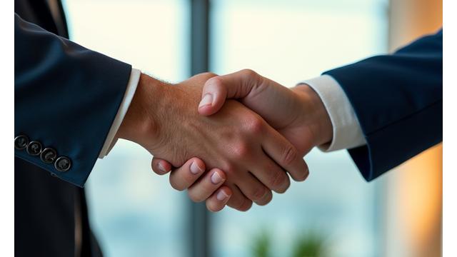 Two hands shaking, symbolizing trust, partnership, and dedicated customer service, set against a blurred background of a modern office environment.