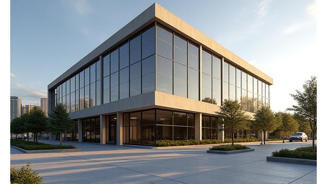 Modern, clean exterior shot of Aura Light's Dallas office building with natural light, emphasizing professionalism and accessibility.