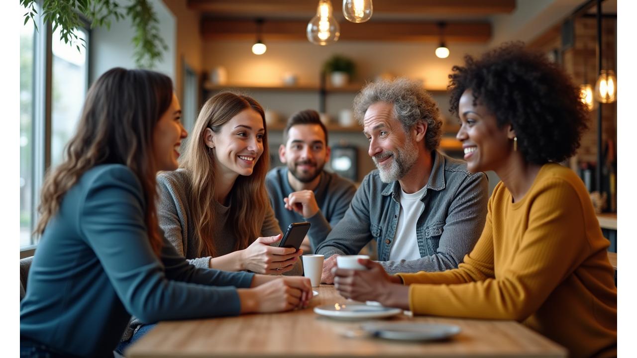 Diverse group of adults enjoying coffee and conversation in a bright, modern cafe, with no phones visible, signifying genuine connection and community.