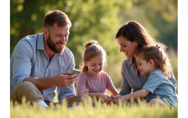 Family enjoying an outdoor activity together, without visible screens, emphasizing family digital detox.