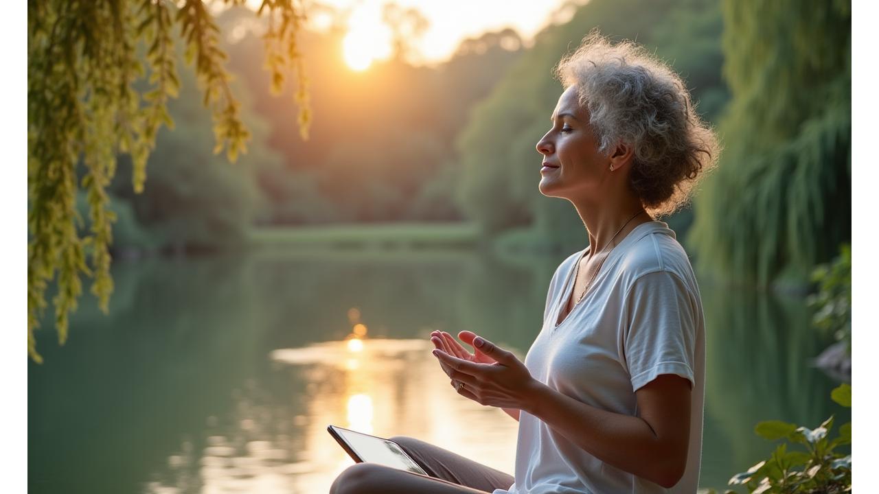 Woman enjoying nature, free from technology, with a serene expression, symbolizing digital detox and mental clarity.
