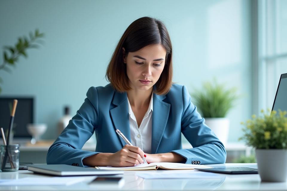 Professional seated at a spacious, uncluttered desk, focused on work with no visible phone or distractions, indicating high productivity.