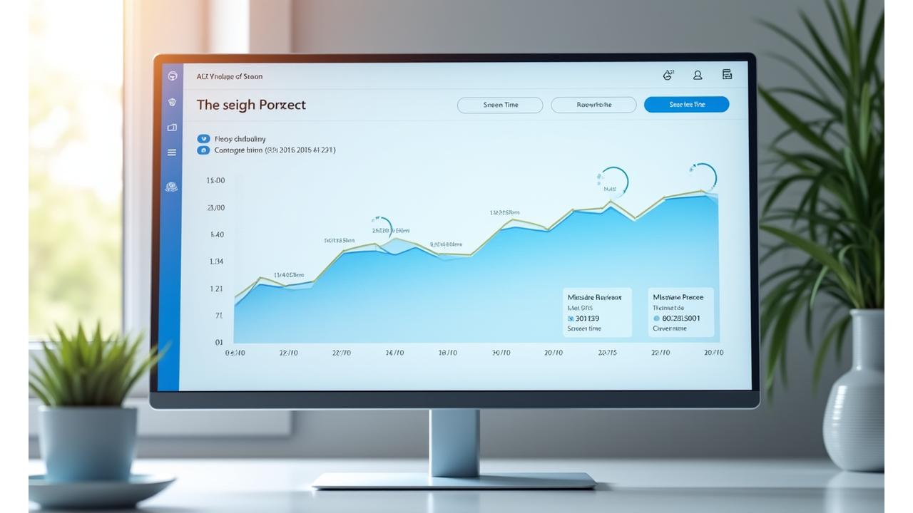 Clean, modern digital dashboard showing graphs of reduced screen time, improved sleep patterns, and increased focus over weeks, with positive trend indicators.