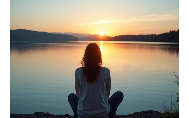 Person meditating by a lake during a weekend, symbolizing a quick digital reset.