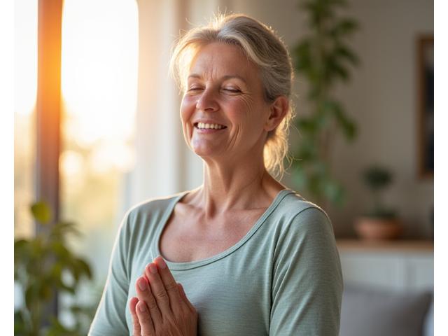 Smiling woman in her 40s doing yoga at home