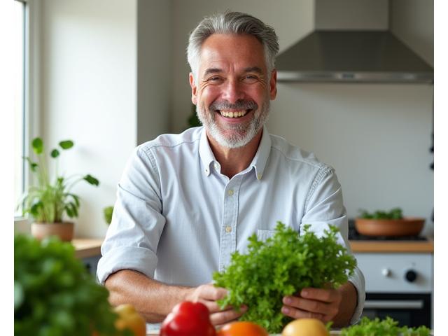 Man in his 50s preparing a healthy meal cheerfully