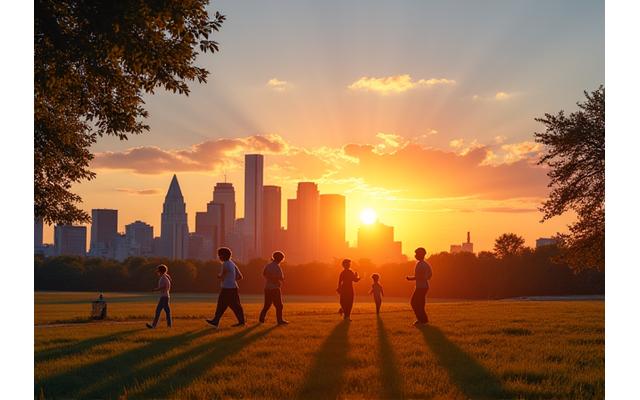 Dallas skyline at sunset, symbolizing local community and wellness events