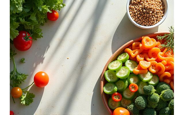 A colorful, healthy meal being prepared, indicating healthy eating