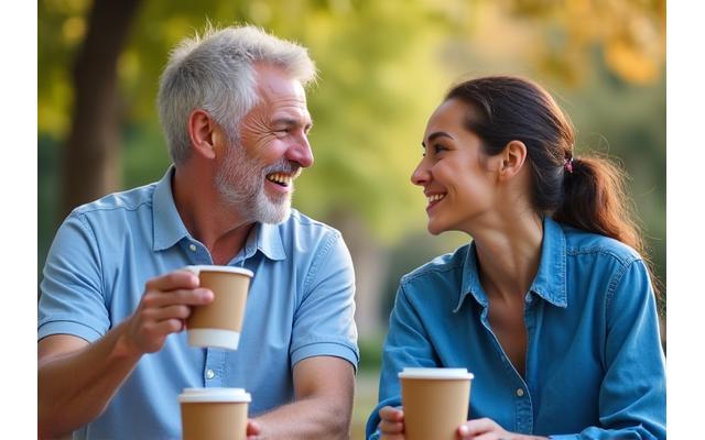 Two women laughing and talking over coffee, portraying a mentorship