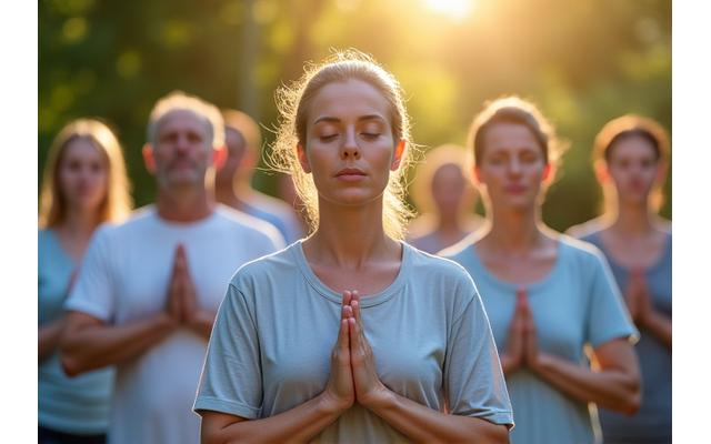 People meditating outdoors in a peaceful setting