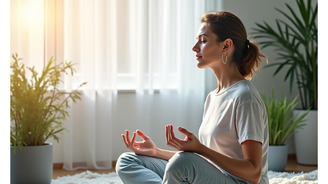 Woman meditating calmly in a sunlit room, embodying peaceful mindful living. Focus on subtle glow and serene environment.