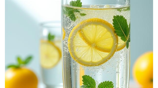 Sparkling glass of water with lemon and mint, emphasizing healthy hydration.