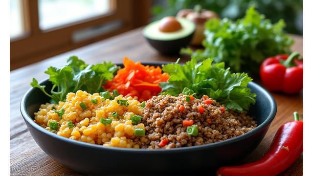 Delicious plant-based meal, colorful and fresh, appealing to healthy eaters.