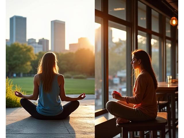 A split image: one side shows a person calmly meditating in a Dallas park during sunrise; the other side shows a person mindfully sipping coffee at a vibrant Dallas cafe, both depicting peace within the urban environment.
