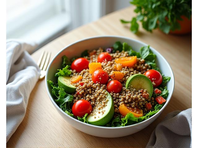 A vibrant, fresh salad bowl filled with colorful vegetables, nuts, and berries, placed on a simple wooden table with natural light, emphasizing natural ingredients and conscious consumption.