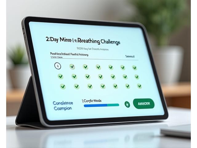 A digital habit tracker interface showing a completed '21-Day Mindful Breathing Challenge' with green checkmarks and a progress bar filled to 100%. Small badges for 'Consistency' and 'Dedication' are visible.