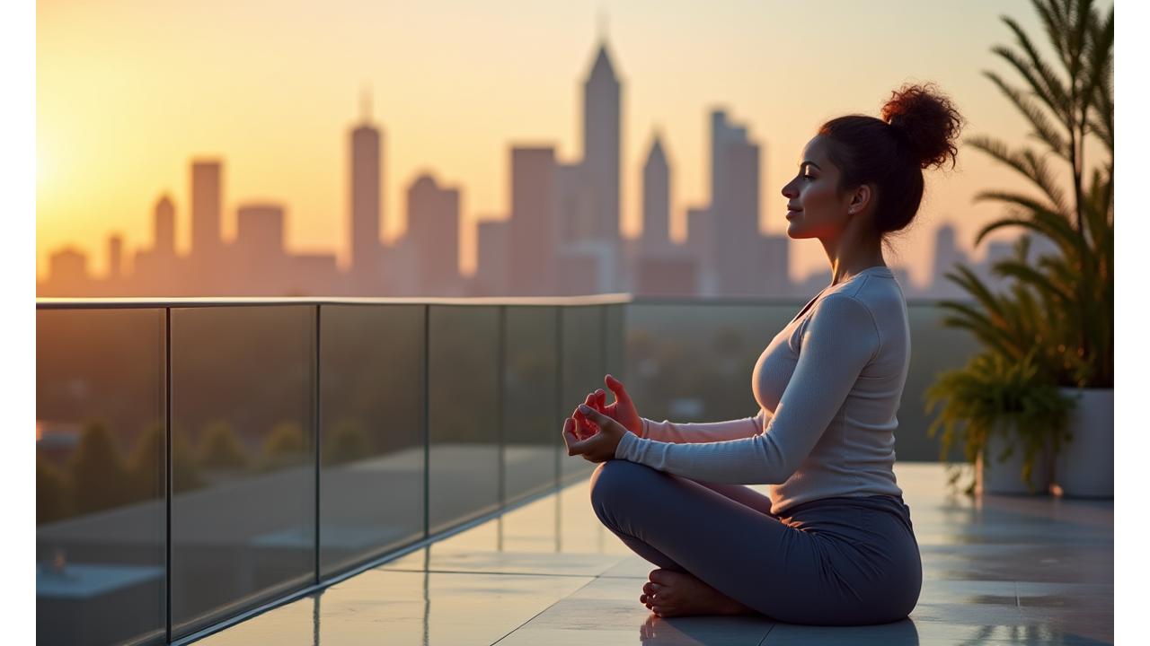 A serene woman, mid-30s to 40s, practicing gentle yoga or meditation on a sunlit balcony overlooking a vibrant cityscape, symbolizing inner peace amidst busy life.