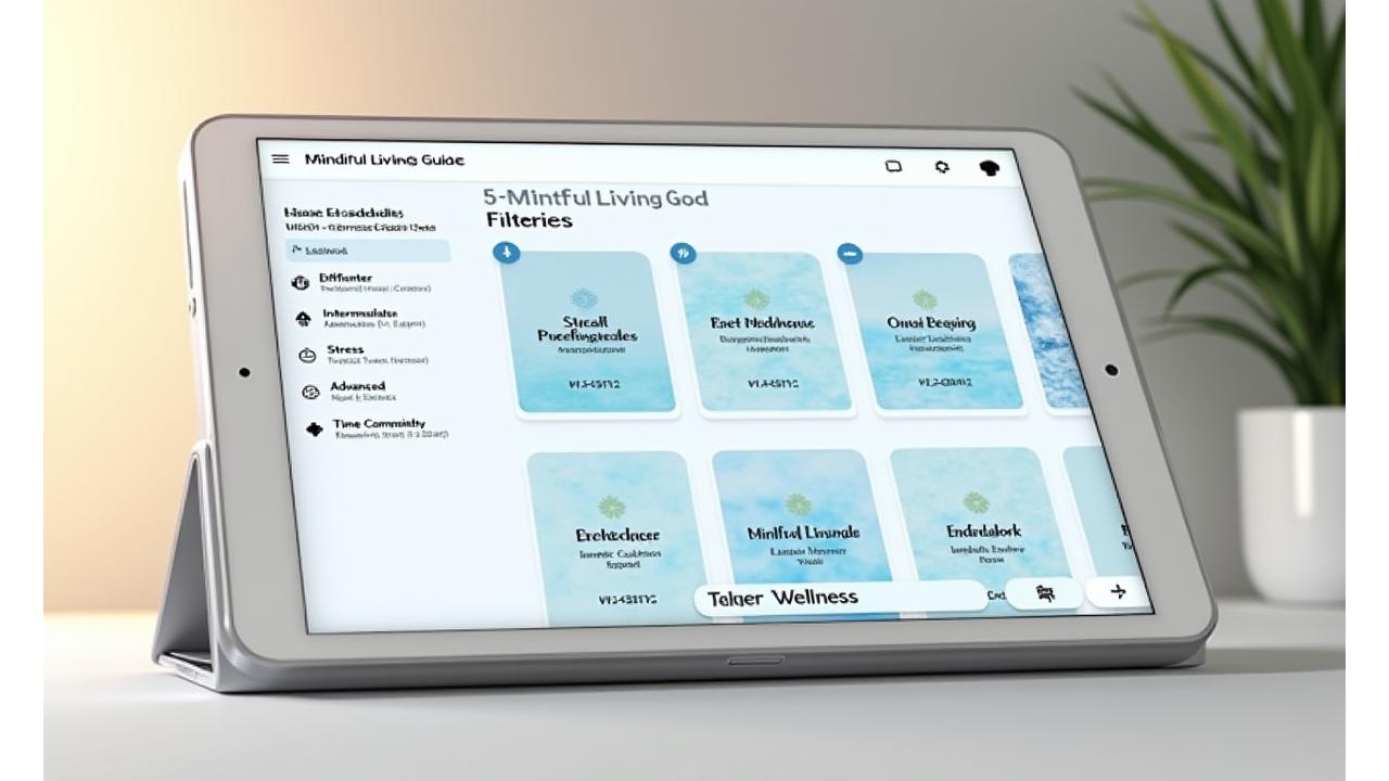 A clean, modern interface showing a guide library with filter options like 'Difficulty', 'Category', and 'Time Commitment', displaying various guide cards with titles like '5-Minute Meditation' and 'Mindful Eating Fundamentals'.