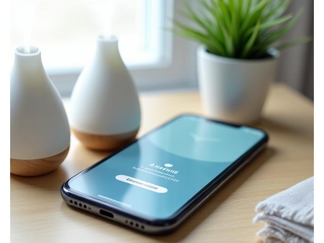 A smartphone screen displaying a meditation app with a prominent play button, showing a '5-Minute Calm' session. A pair of calming essential oil diffusers and a small succulent plant are blurred subtly in the background.