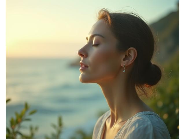 A person practicing deep, calm breathing, with their eyes gently closed, in a peaceful, minimalist setting. Gentle, glowing light surrounds them, representing inner calm and stress relief.