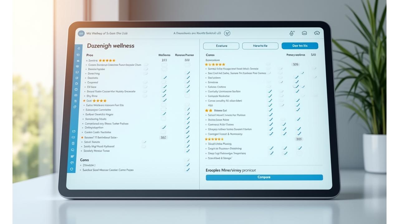 A digital interface showing two different wellness products side-by-side with detailed feature lists and pros/cons for comparison.