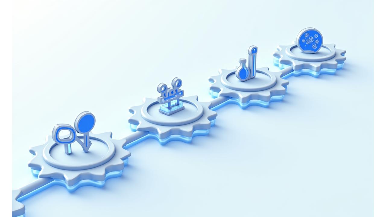 An infographic illustrating a multi-step product evaluation process with icons for research, testing, user feedback, and expert review.