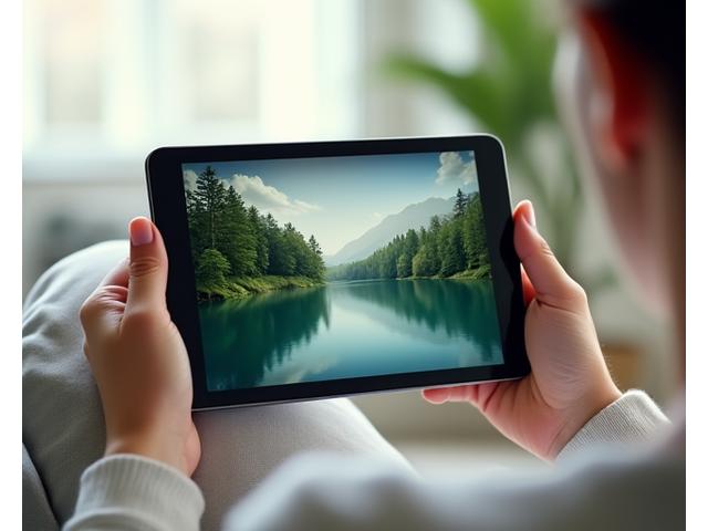 A person looking at a digital tablet with a calming nature scene, representing digital detox and screen time management tools.