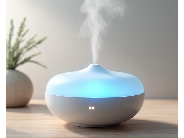 A sleek, modern aromatherapy diffuser emitting a fine mist, surrounded by essential oil bottles.