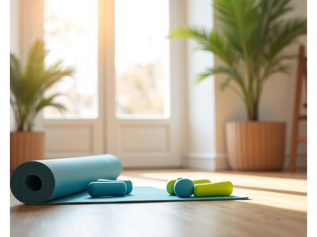 Home gym setup with resistance bands, a yoga mat, and light weights, promoting fitness and movement.