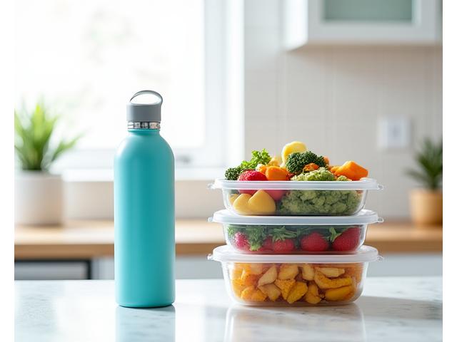 Colorful meal prep containers, a stylish water bottle, and fresh ingredients on a kitchen counter.