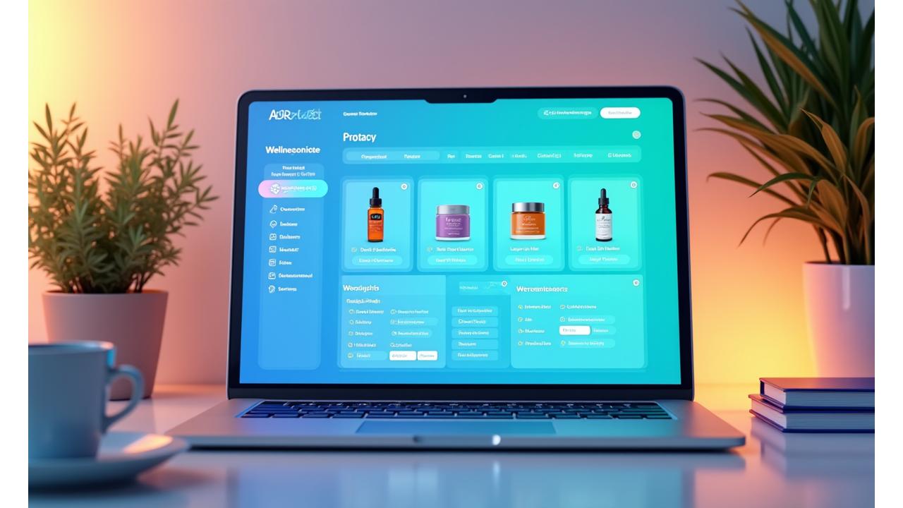 An interactive digital dashboard showing personalized wellness product recommendations based on user input, clean UI with data visualizations.