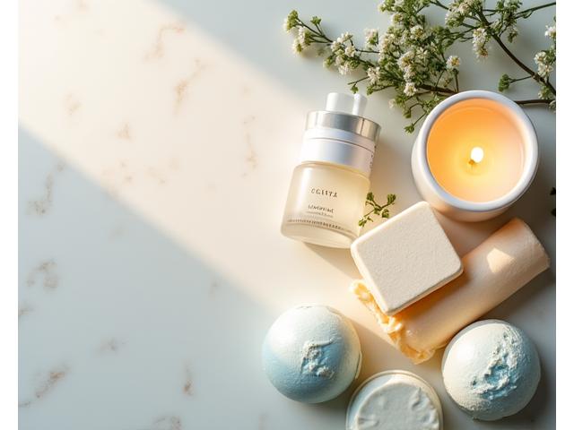 Luxurious bath products, a scented candle, and high-quality skincare items arranged aesthetically.