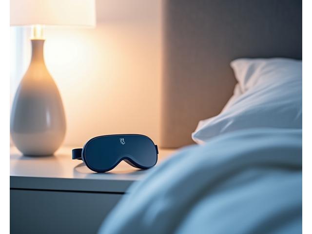 Smart mattress and a sleep tracking device on a bedside table, depicting sleep technology.