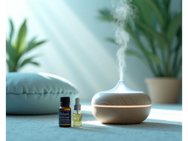 A person meditating calmly with aromatherapy diffuser and soft lighting, representing stress relief products.