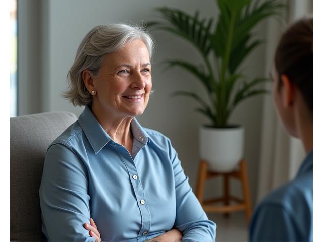 Image of an adult (35+) having a focused, empathic conversation with a wellness coach or therapist in a modern, calming setting. Conveys professional, supportive guidance. Colors are muted, professional, with brand accent colors used subtly to highlight support.