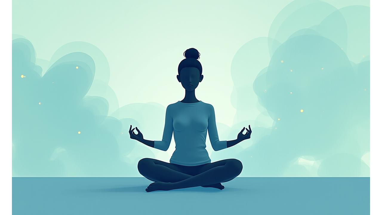 Illustration of a person meditating peacefully amidst swirling, abstract representations of stress, with calming blue and green hues dominant.