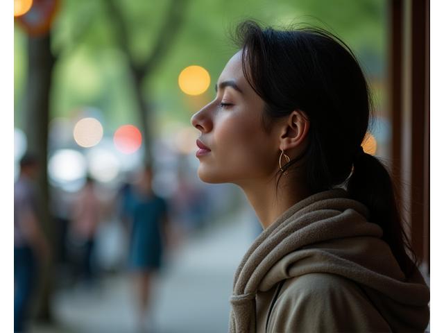 Illustration of a person doing a simple breathing exercise in a busy park, with an overlay of a mobile app showing a guided meditation timer. Focus on quick, discreet techniques. Colors are calming blues, greens, and soft outdoor browns.