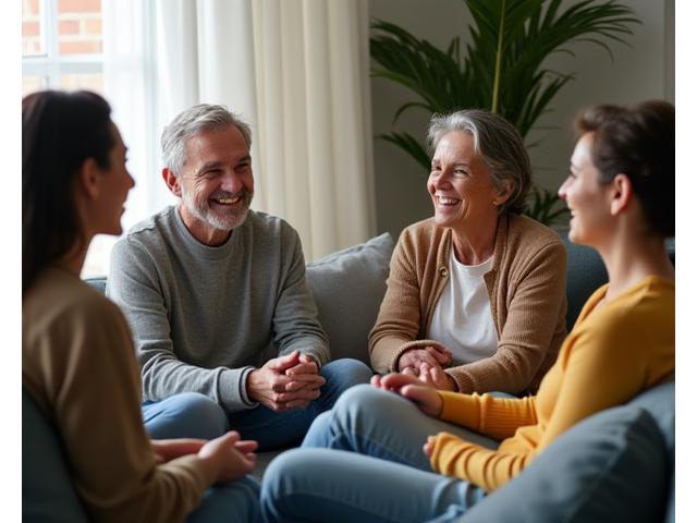 Image of a diverse group of adults (35+) engaging in calm, supportive conversation, possibly in a community group setting or with a therapist, signifying improved relationships through reduced stress. Warm, inviting colors with soft lighting.
