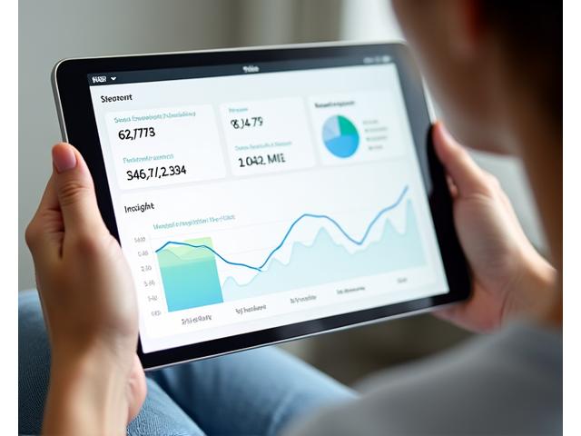 Close-up view of an interactive dashboard displaying stress level graphs, mood tracking, and personalized insights on a tablet device, held by a person whose face is out of frame. Dominant colors are primary blue, secondary green for positive trends, and white background.