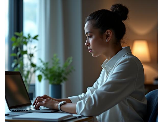 Image of a professional adult in a modern, calm office environment, using a discreet stress management app on a phone while at a desk. The colors are muted business tones with subtle hints of primary blue and secondary green for calm.