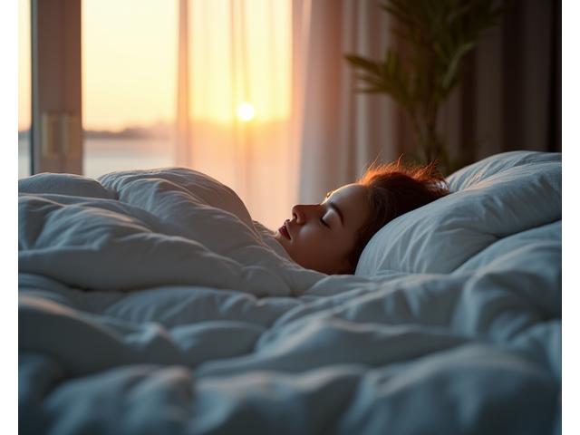 Person sleeping peacefully in a comfortable, dark room representing sleep optimization