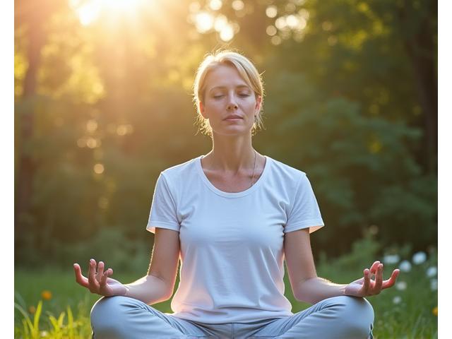 Person meditating calmly in a serene environment, symbolizing stress resilience